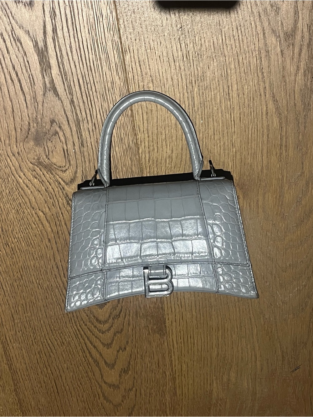 Balenciaga Croc-Embossed Hour Glass Top Handle Bag in Light Gray